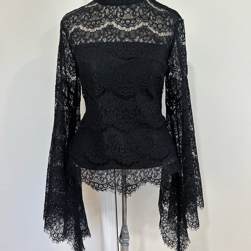 VENUS Black Lace High-Neck Bell-Sleeve Blouse - Picture 8 of 10